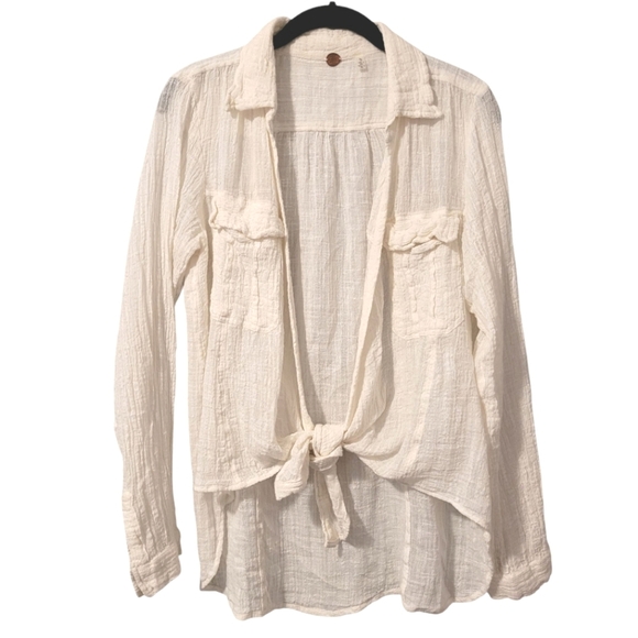Free People One Women's Large Light Cream Tie Front Gauzy Cotton Lightweight Top - Picture 1 of 14